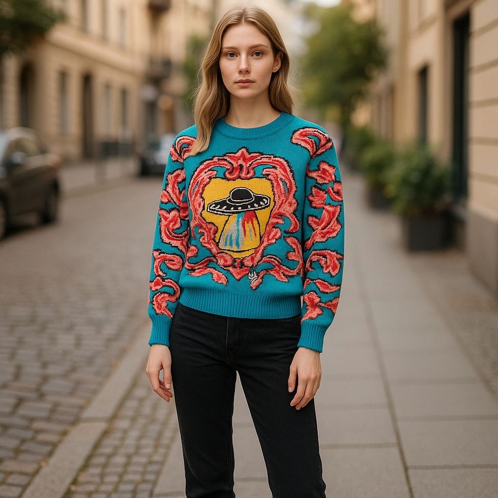 Blue and Yellow Graphic Sweater with UFO Design